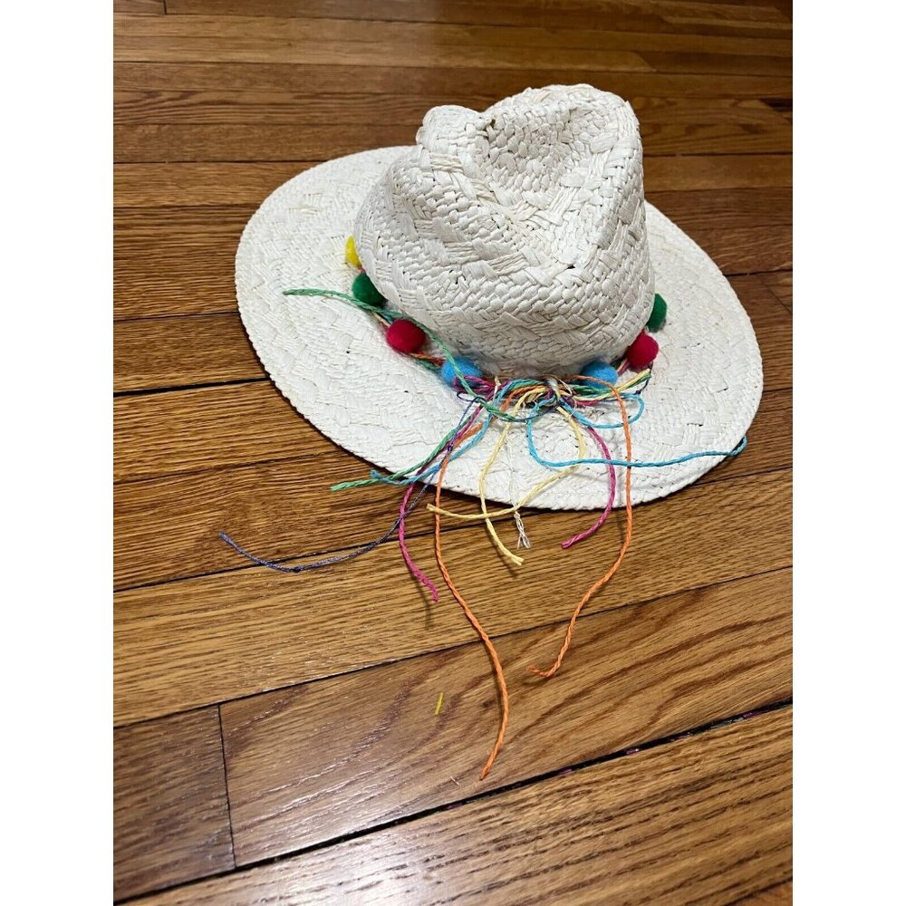 Betsey Johnson Straw Sun Hat Colorful Rainbow Trim One Size Cap Ivory EUC - Picture 2 of 11